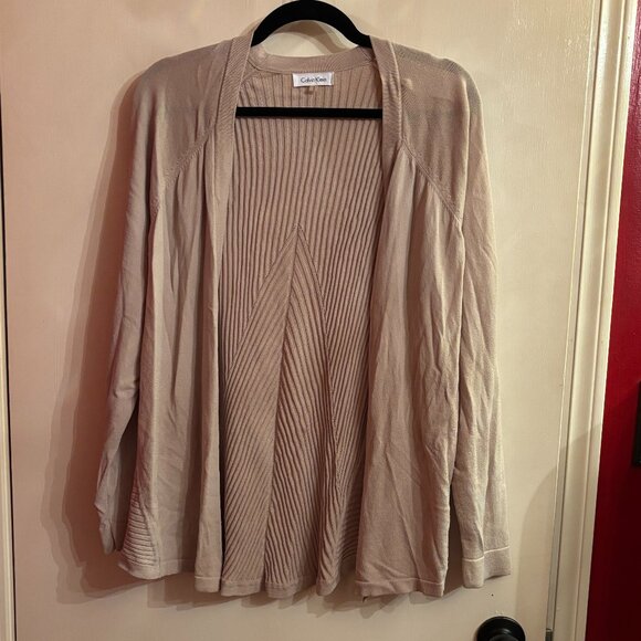 Calvin Klein Long Tan Ribbed Open Front Cardigan Sweater - Picture 1 of 4